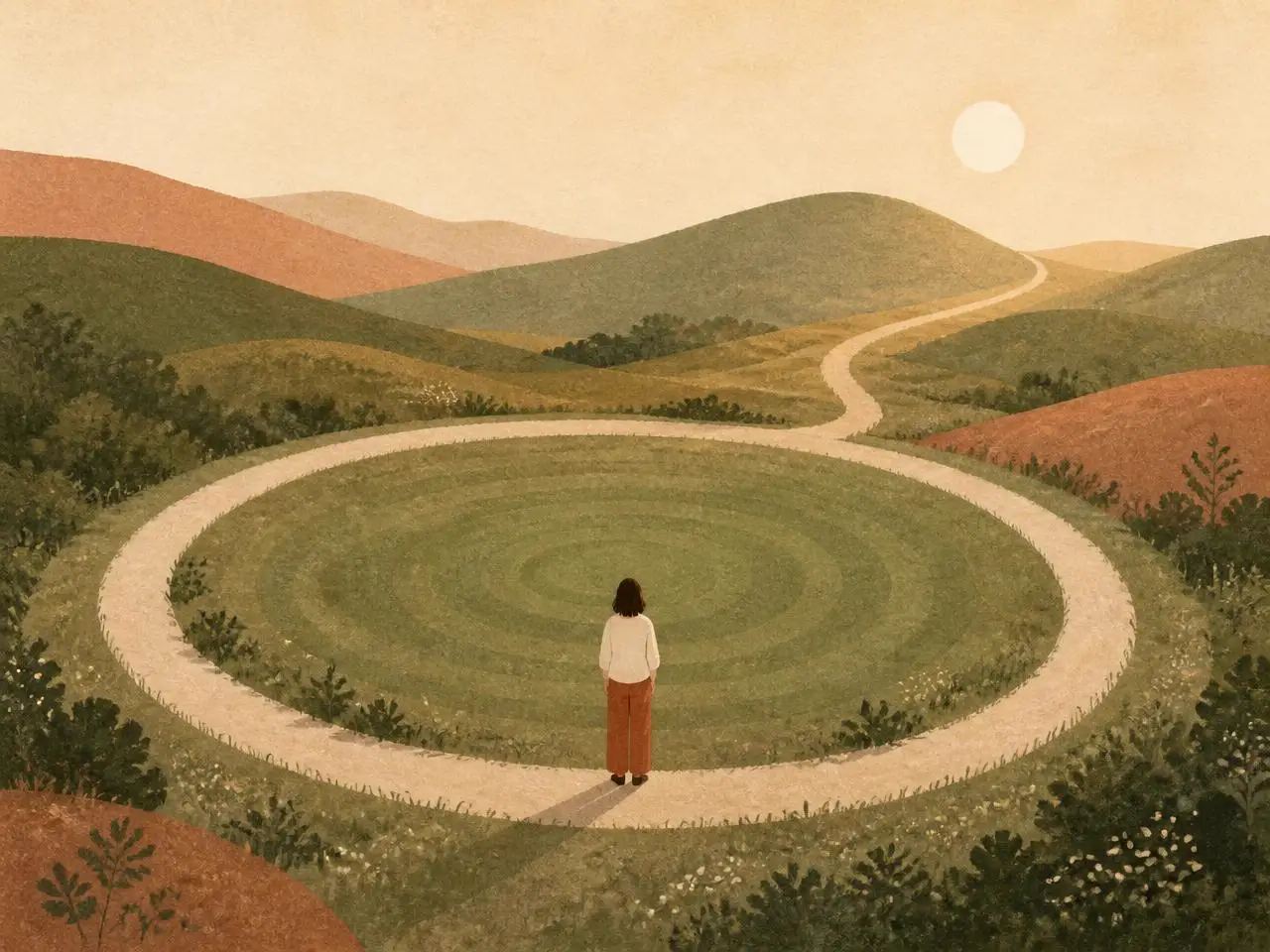 Illustration of a person standing on a path that loops back on itself, with an open path leading away over the hills