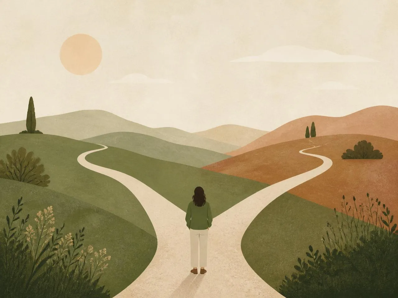 Illustration of a person standing where a path splits in two, facing a decision